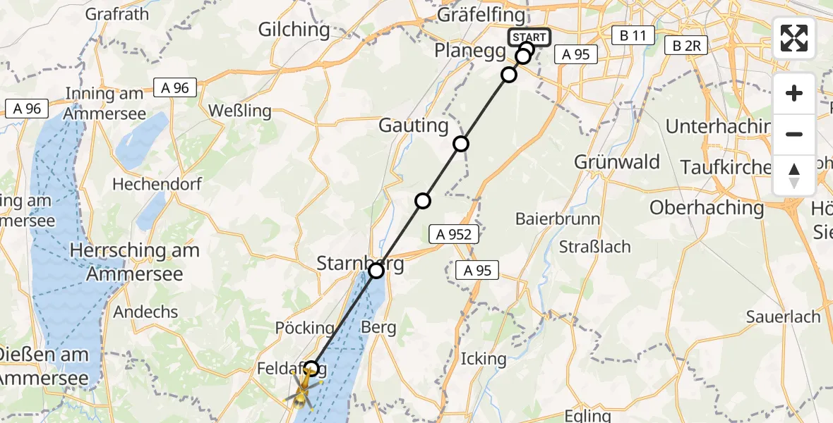 Flugroute Rettungshubschrauber DRF Air Rescue München Hubschrauberlandeplatz - Feldafing, 13 Mai 2026, 17:14