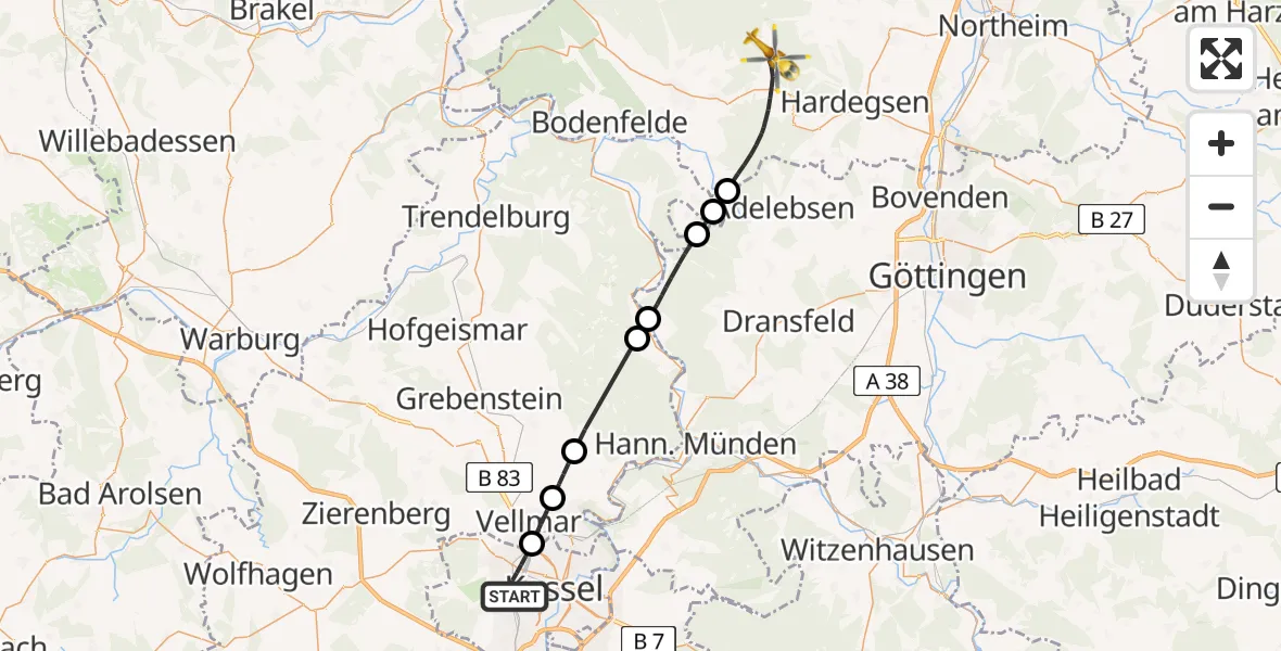 Flugroute Rettungshubschrauber Kassel - Uslar, 13 Mai 2026, 17:16