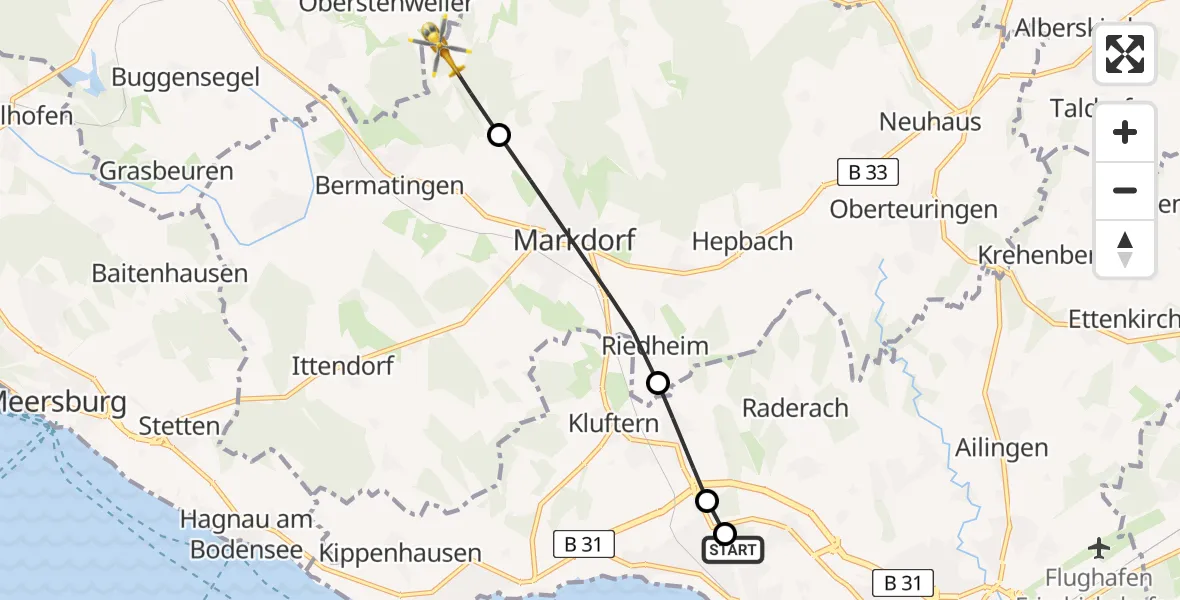 Flugroute Rettungshubschrauber Friedrichshafen Hospital - Bermatingen, 13 Mai 2026, 17:18