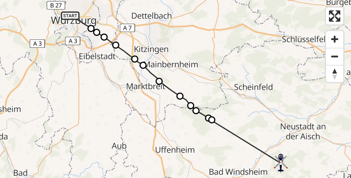 Flugroute Polizeihubschrauber Würzburg - Ipsheim, 13 Mai 2026, 17:23