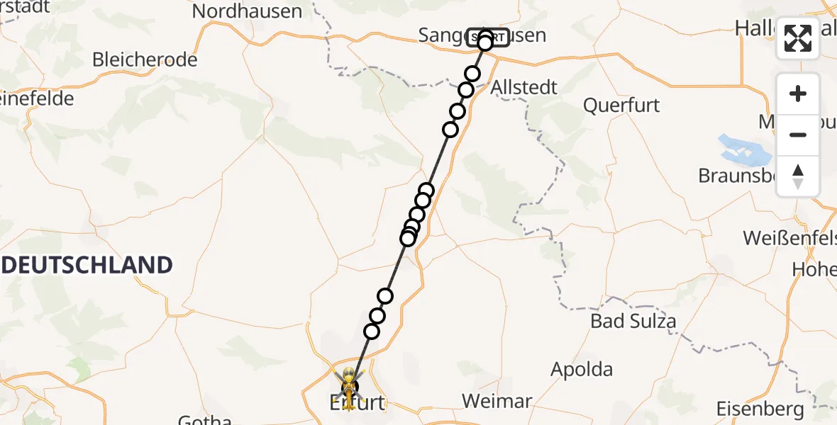 Flugroute Rettungshubschrauber Helios Clinic Mansfeld-Südharz - Helios Clinic Erfurt, 13 Mai 2026, 17:31