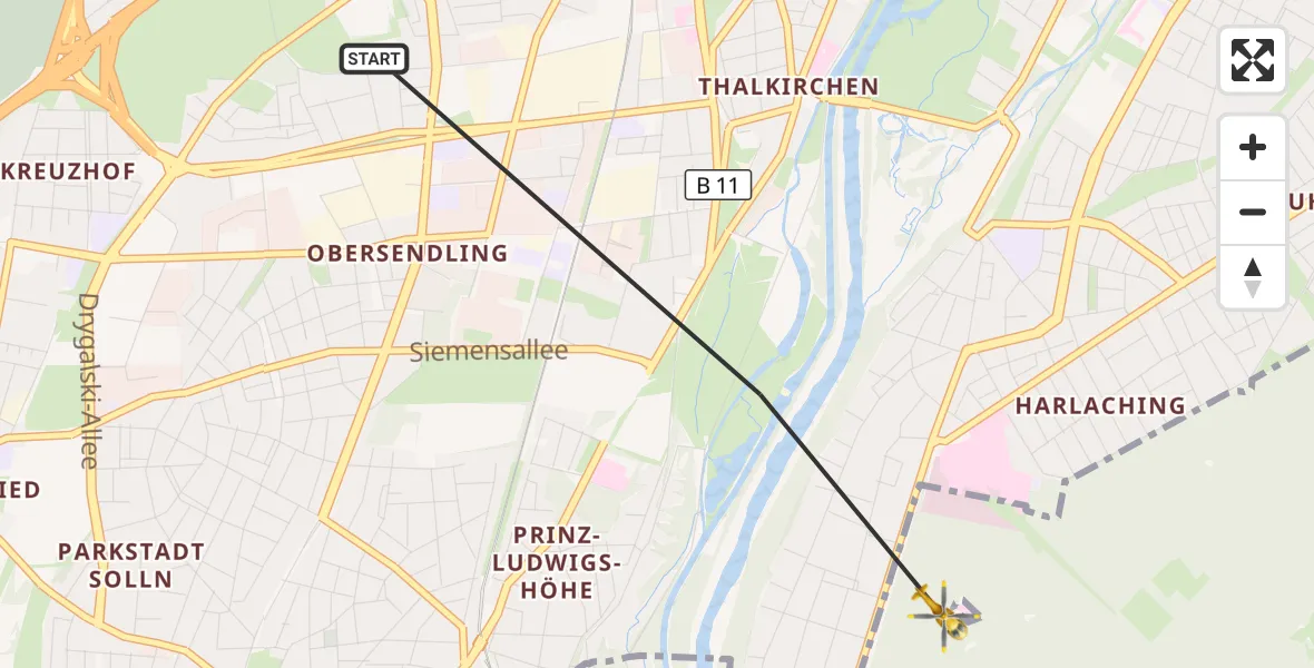 Flugroute Rettungshubschrauber München - Perlacher Forst, 13 Mai 2026, 17:34