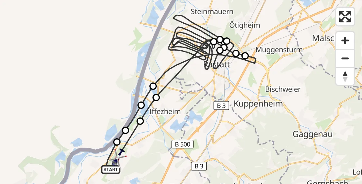 Flugroute Polizeihubschrauber Karlsruhe Baden-Baden Flughafen - Karlsruhe Baden-Baden Flughafen, 13 Mai 2026, 17:37