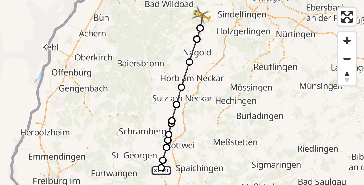 Flugroute Rettungshubschrauber DRF Air Rescue Station Villingen-Schwenningen Hubschrauberlandeplatz (Christoph 11) - Calw, 13 Mai 2026, 17:37