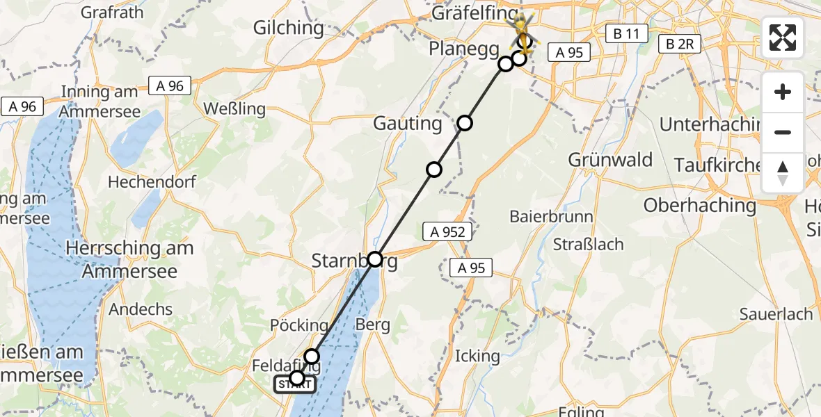 Flugroute Rettungshubschrauber Feldafing Hubschrauberlandeplatz - DRF Air Rescue München Hubschrauberlandeplatz, 13 Mai 2026, 17:38