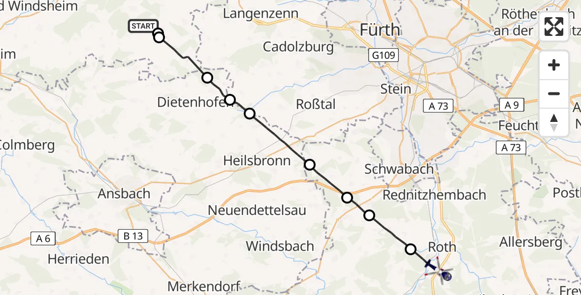 Flugroute Polizeihubschrauber Trautskirchen - Roth, 13 Mai 2026, 17:40
