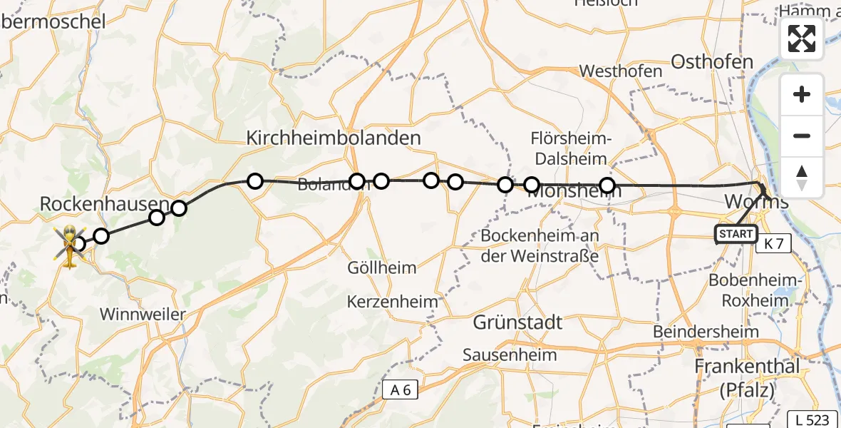 Flugroute Rettungshubschrauber Worms - Imsweiler UL, 13 Mai 2026, 17:44