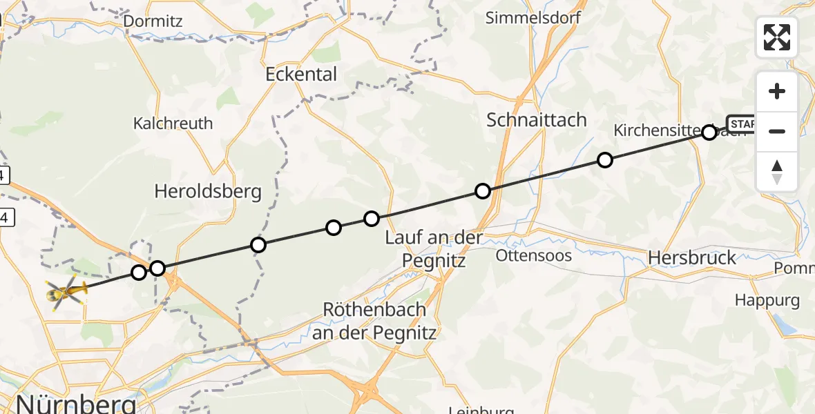 Flugroute Ambulanzhubschrauber Vorra - Flughafen Nuremberg, 13 Mai 2026, 17:46