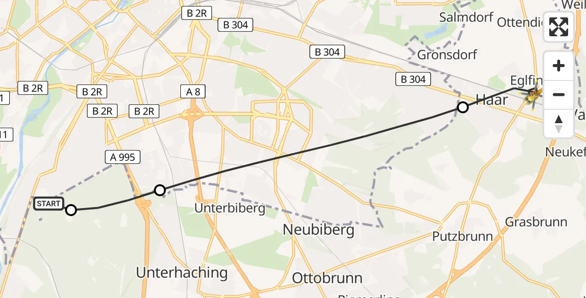 Flugroute Rettungshubschrauber ADAC Air Rescue Center Hubschrauberlandeplatz (Christoph 1) - Haar, 13 Mai 2026, 17:53