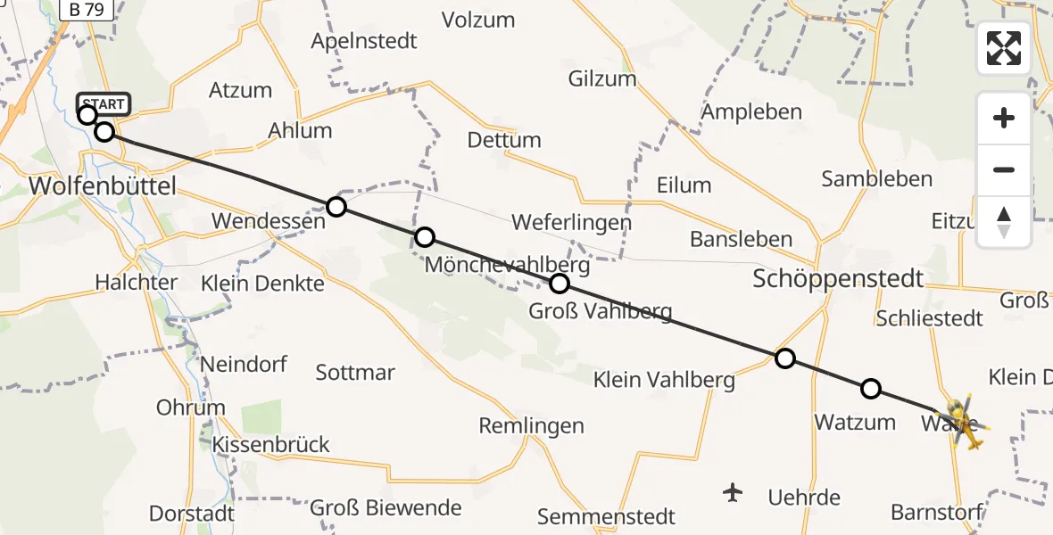 Flugroute Rettungshubschrauber Wolfenbüttel Municipal Hospital Heliport (Christoph 30) - Uehrde, 13 Mai 2026, 17:53