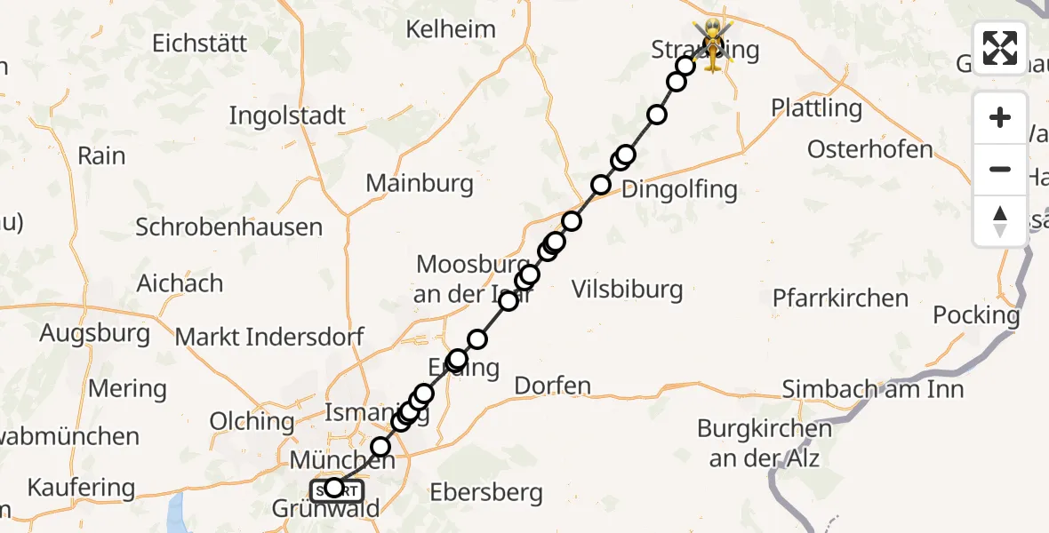 Flugroute Rettungshubschrauber ADAC Air Rescue Center Hubschrauberlandeplatz (Christoph 1) - Sankt Elisabeth Hospital Straubing, 13 Mai 2026, 18:00