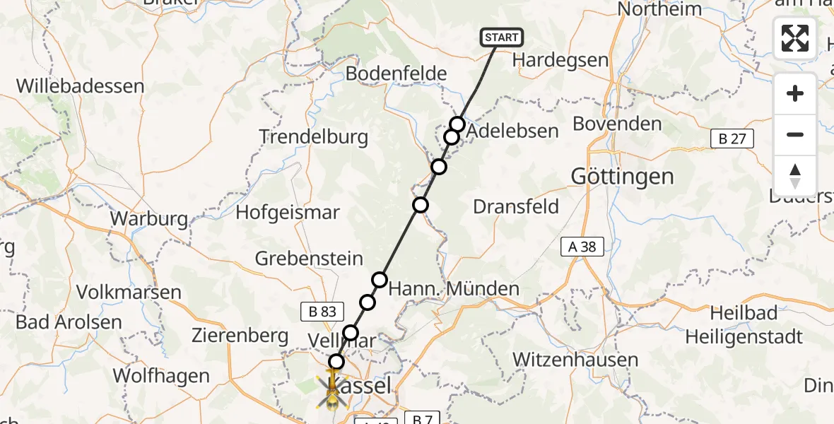 Flugroute Rettungshubschrauber Uslar - Kassel, 13 Mai 2026, 18:04