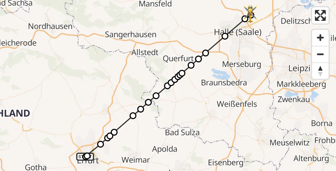 Flugroute Rettungshubschrauber Helios Clinic Erfurt - Halle-Oppin Flugplatz, 13 Mai 2026, 18:06