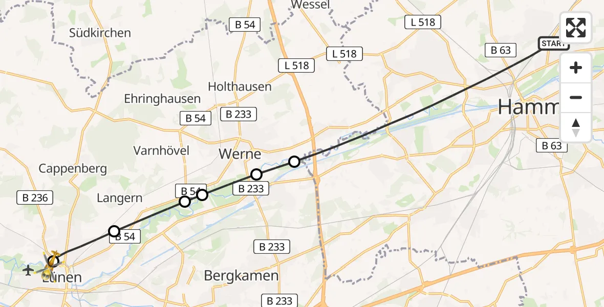 Flugroute Rettungshubschrauber Hamm - Sankt Marien Hospital, 13 Mai 2026, 18:19