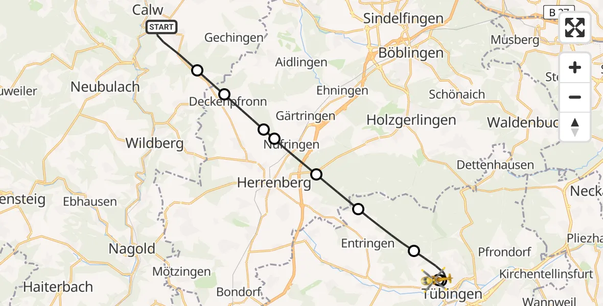 Flugroute Rettungshubschrauber Calw - Tübingen University Hospital, 13 Mai 2026, 18:27