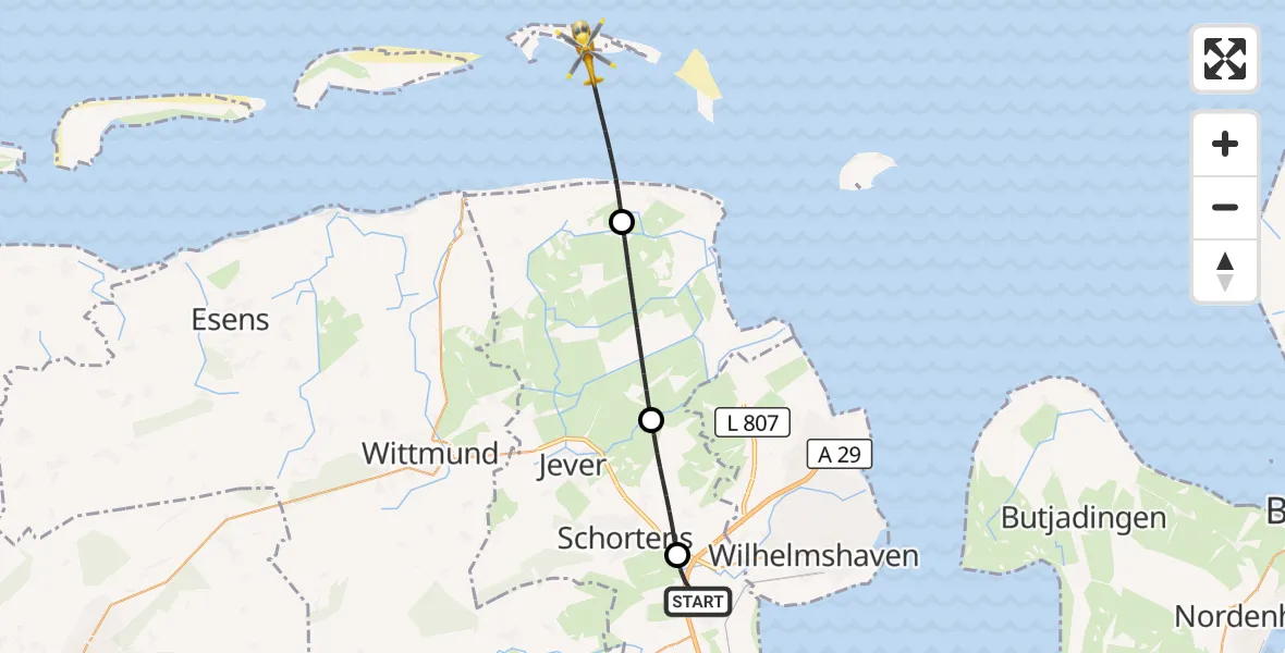 Flugroute Rettungshubschrauber Sande - Wangerooge Flughafen, 13 Mai 2026, 18:35