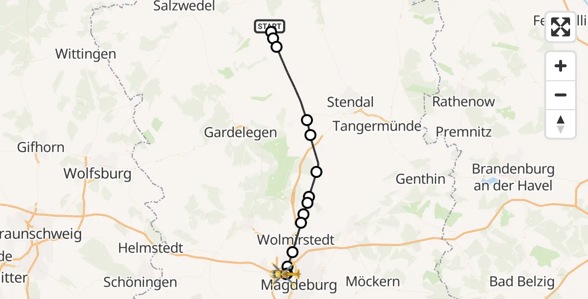 Flugroute Rettungshubschrauber Arendsee (Altmark) - Magdeburg Hospital, 13 Mai 2026, 18:36