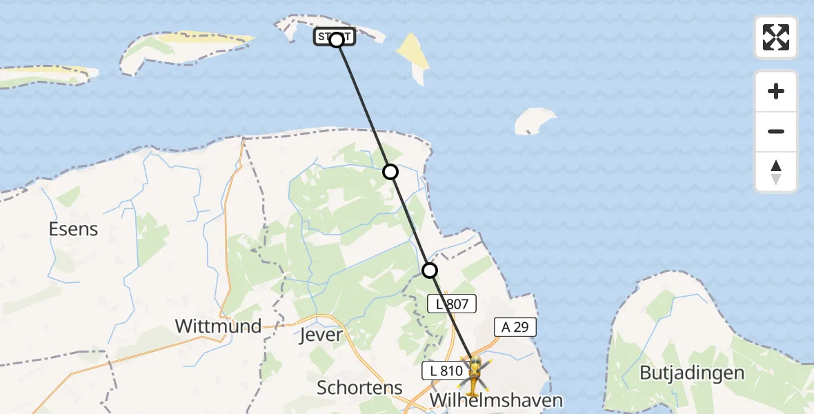 Flugroute Rettungshubschrauber Wangerooge Flughafen - Wilhelmshaven, 13 Mai 2026, 18:58