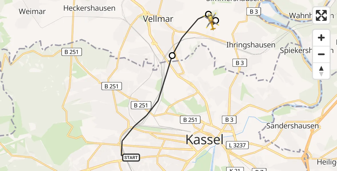 Flugroute Rettungshubschrauber Kassel - Fuldatal Bundespolizei Hubschrauberlandeplatz, 13 Mai 2026, 19:03
