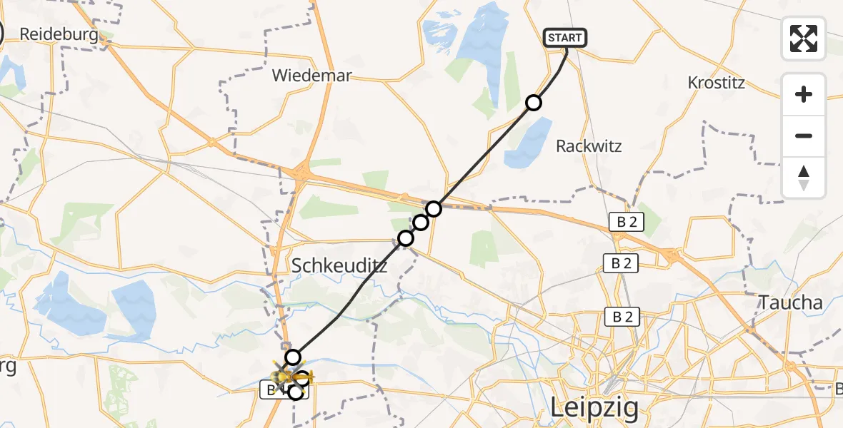 Flugroute Rettungshubschrauber Rackwitz - ADAC Air Rescue Station Leipzig/Schkeuditz-Dölzig Hubschrauberlandeplatz (Christoph 61), 13 Mai 2026, 19:04