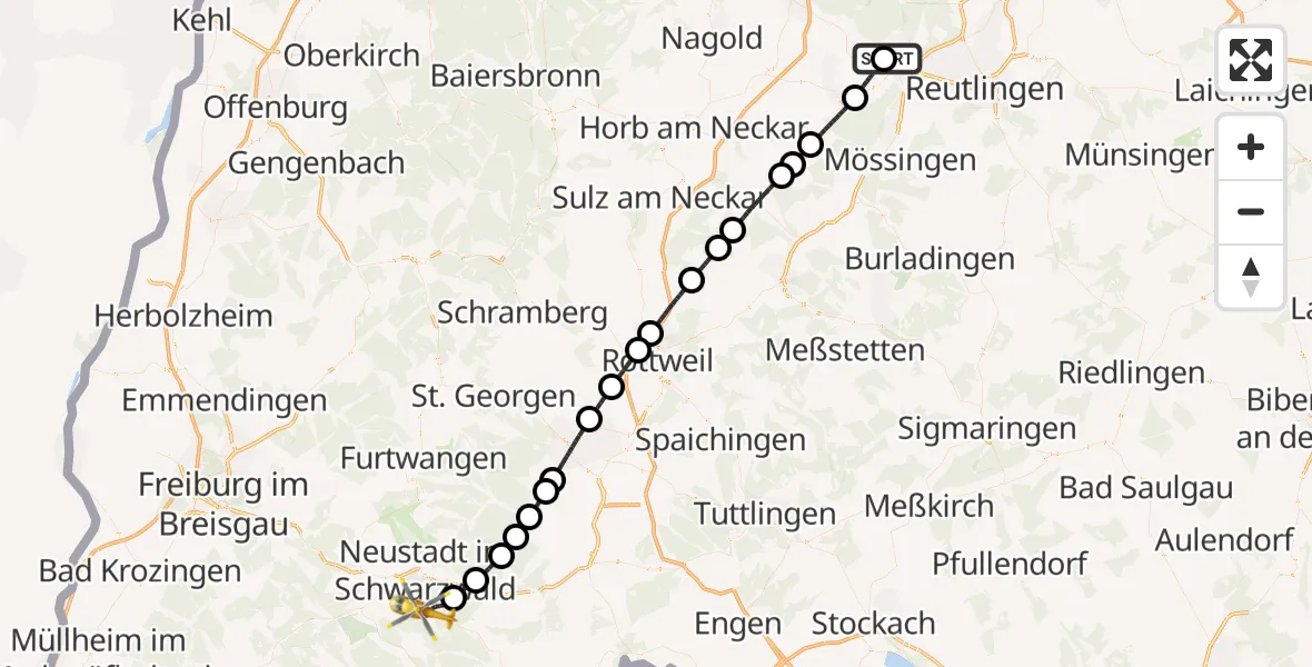Flugroute Rettungshubschrauber Tübingen University Hospital - Lenzkirch, 13 Mai 2026, 19:05