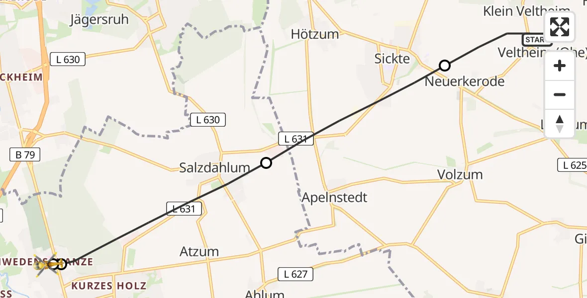 Flugroute Rettungshubschrauber Veltheim (Ohe) - Wolfenbüttel Municipal Hospital Heliport (Christoph 30), 13 Mai 2026, 19:07