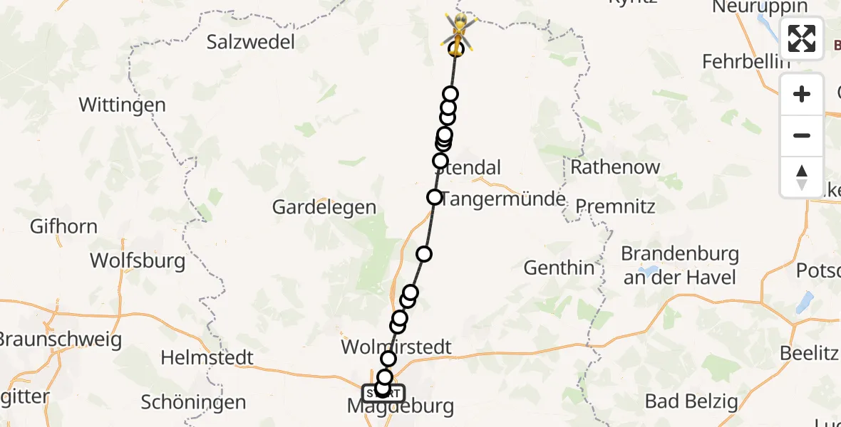 Flugroute Rettungshubschrauber Magdeburg Hospital - Seehausen (Altmark), 13 Mai 2026, 19:21