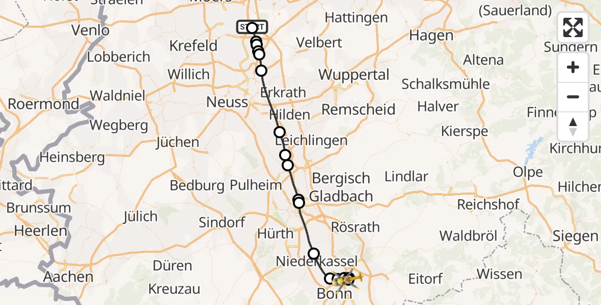 Flugroute Rettungshubschrauber Duisburg Air Rescue Hubschrauberlandeplatz (Christoph 9) - Sankt Augustin, 13 Mai 2026, 19:21