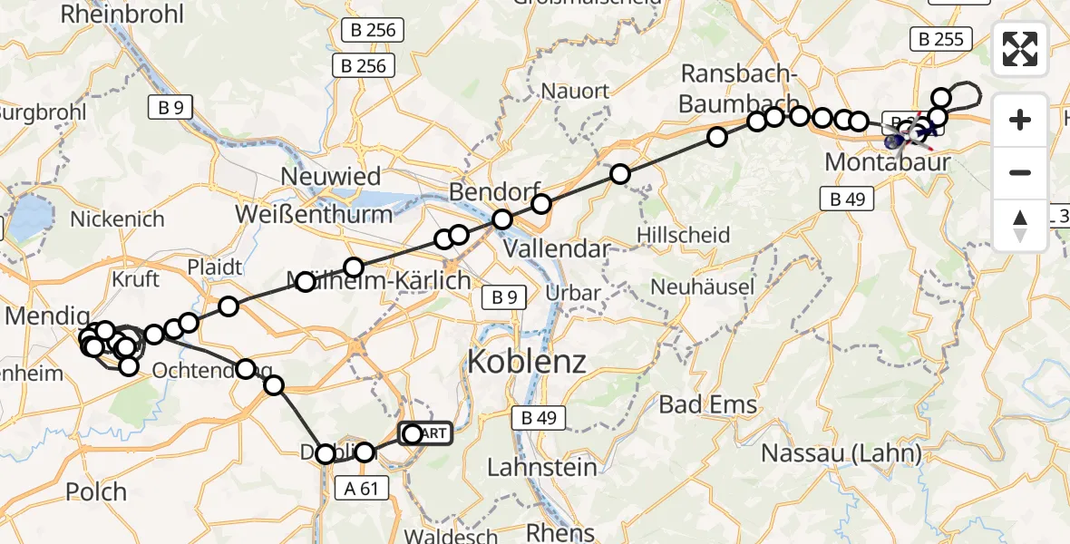Flugroute Polizeihubschrauber Koblenz-Winningen Flugplatz - Autobahn Police Heiligenroth Hubschrauberlandeplatz, 13 Mai 2026, 19:24