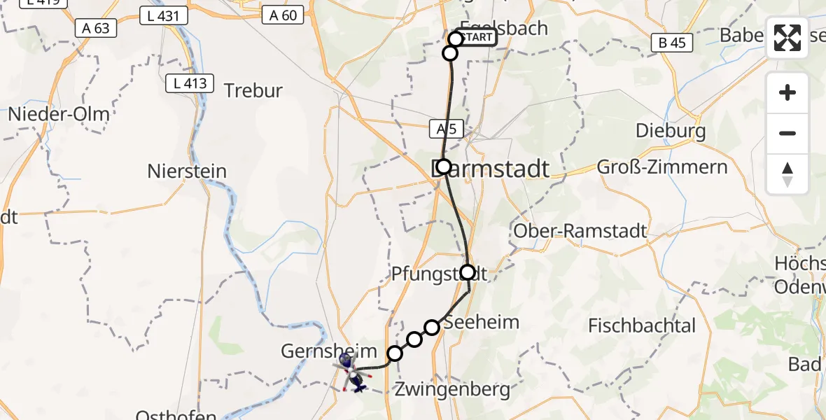 Flugroute Polizeihubschrauber Flughafen Frankfurt-Egelsbach - Gernsheim, 13 Mai 2026, 19:26