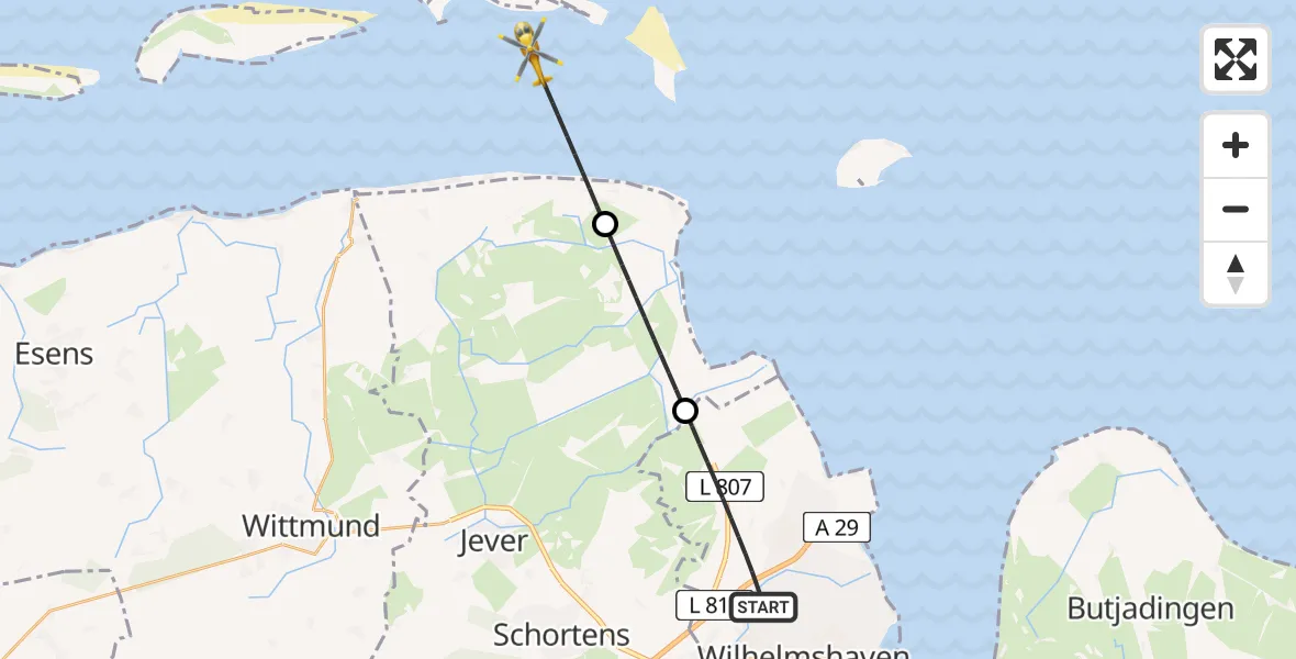 Flugroute Rettungshubschrauber Wilhelmshaven - Noordzee, 13 Mai 2026, 19:27