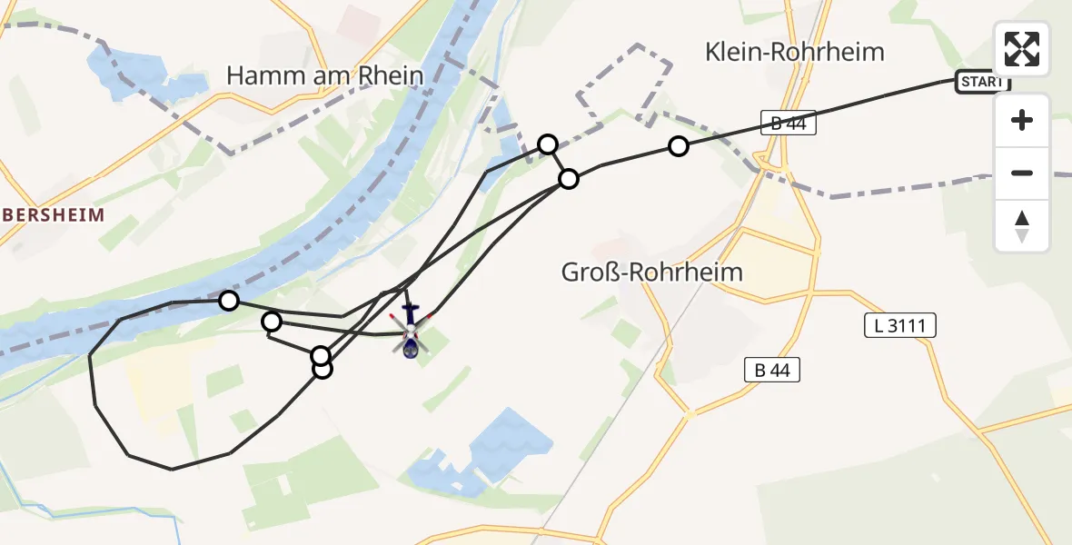 Flugroute Polizeihubschrauber Gernsheim - Groß-Rohrheim, 13 Mai 2026, 19:49