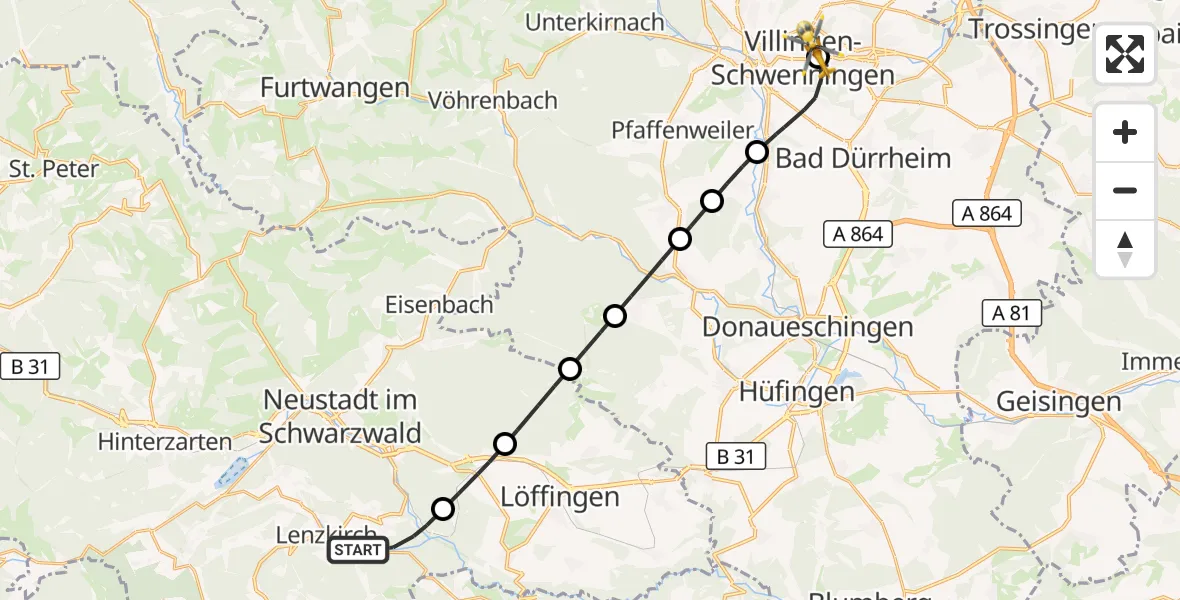 Flugroute Rettungshubschrauber Lenzkirch - DRF Air Rescue Station Villingen-Schwenningen Hubschrauberlandeplatz (Christoph 11), 13 Mai 2026, 19:59