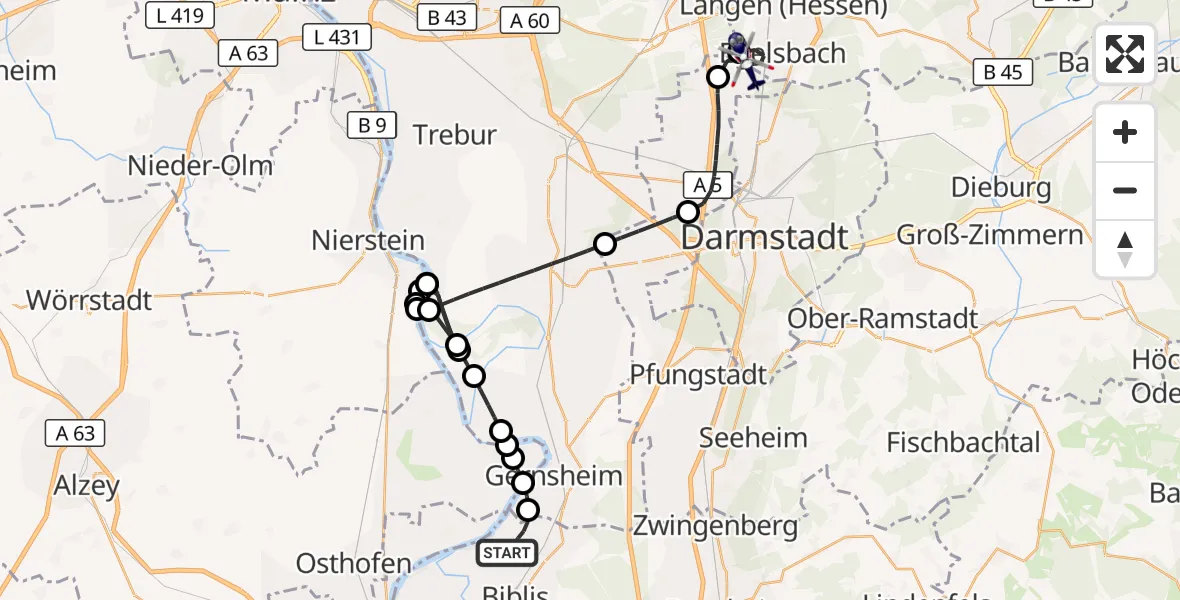 Flugroute Polizeihubschrauber Groß-Rohrheim - Flughafen Frankfurt-Egelsbach, 13 Mai 2026, 20:04