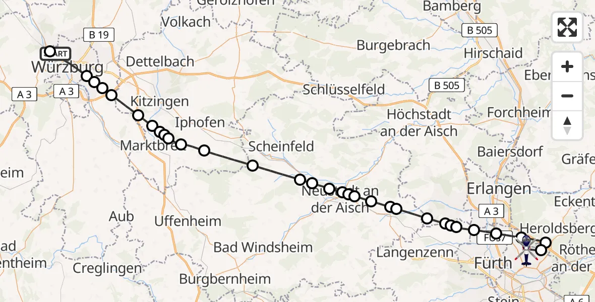 Flugroute Polizeihubschrauber Würzburg-Schenkenturm Flugplatz - Flughafen Nuremberg, 13 Mai 2026, 20:19