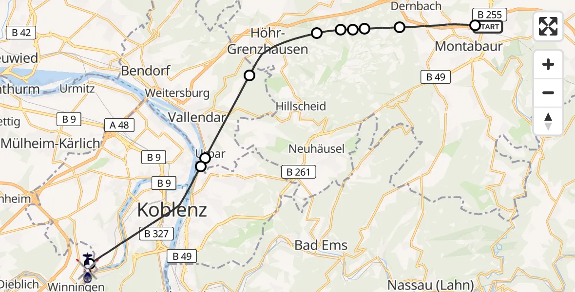 Flugroute Polizeihubschrauber Autobahn Police Heiligenroth Hubschrauberlandeplatz - Koblenz-Winningen Flugplatz, 13 Mai 2026, 20:21