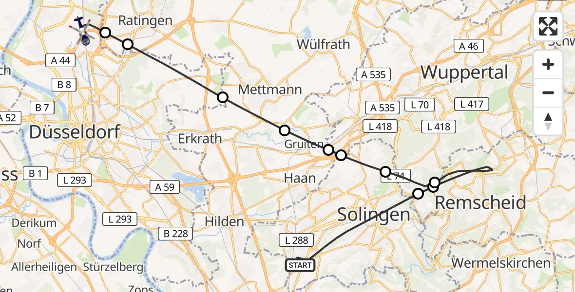 Flugroute Polizeihubschrauber Solingen - Düsseldorf Flughafen, 13 Mai 2026, 20:50