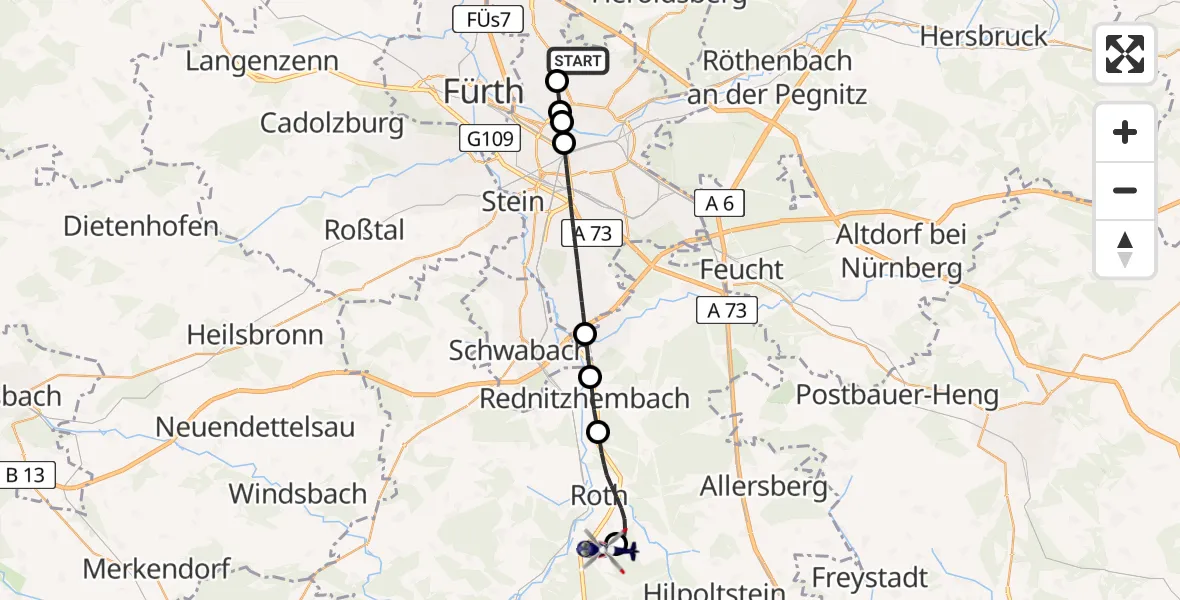 Flugroute Polizeihubschrauber Flughafen Nuremberg - Flugplatz Roth, 13 Mai 2026, 21:05