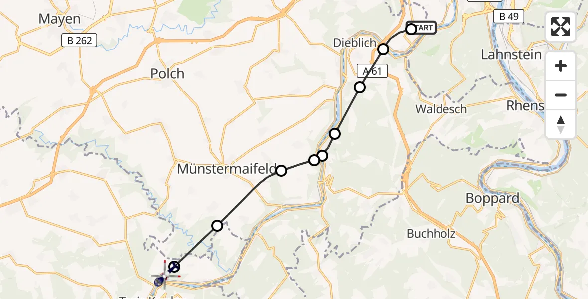 Flugroute Polizeihubschrauber Koblenz-Winningen Flugplatz - Treis-Karden, 13 Mai 2026, 22:46