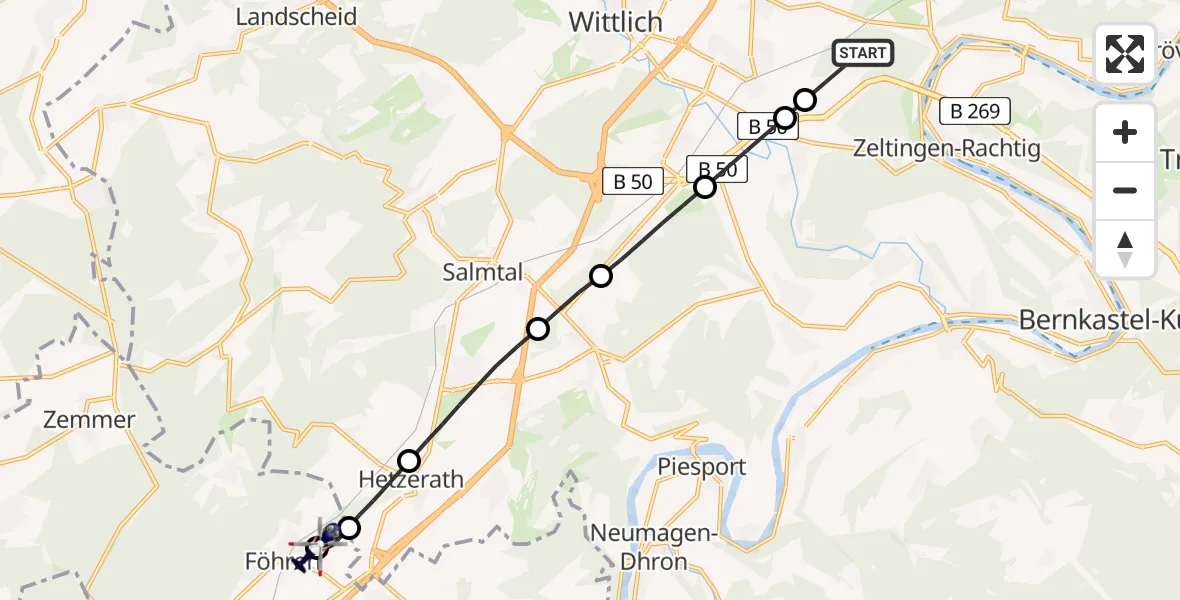 Flugroute Polizeihubschrauber Zeltingen-Rachtig - Föhren, 13 Mai 2026, 23:10