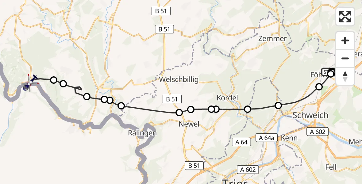 Flugroute Polizeihubschrauber Föhren - Bollendorf, 13 Mai 2026, 23:32