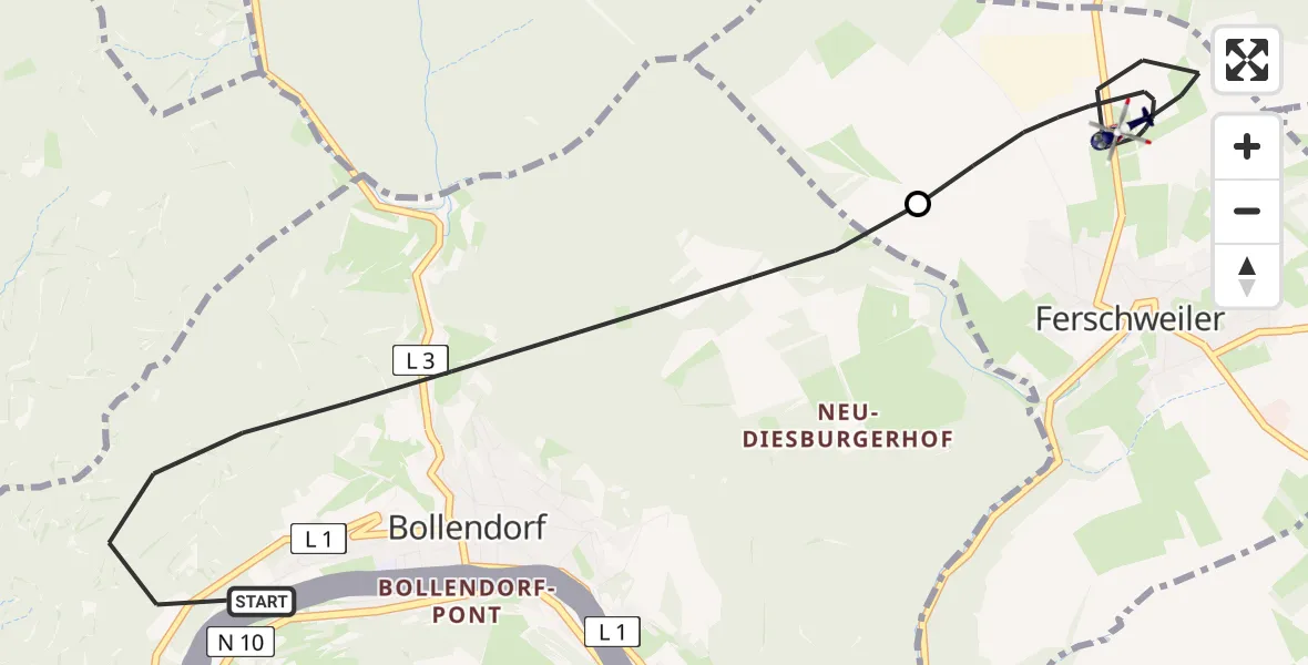 Flugroute Polizeihubschrauber Bollendorf - Ferschweiler, 13 Mai 2026, 23:55