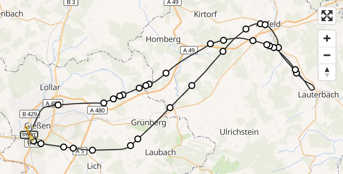Flugroute Rettungshubschrauber Gießen - Gießen, 14 Mai 2026, 01:15