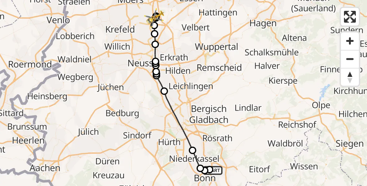 Flugroute Rettungshubschrauber Sankt Augustin - Duisburg Air Rescue Hubschrauberlandeplatz (Christoph 9), 14 Mai 2026, 04:26