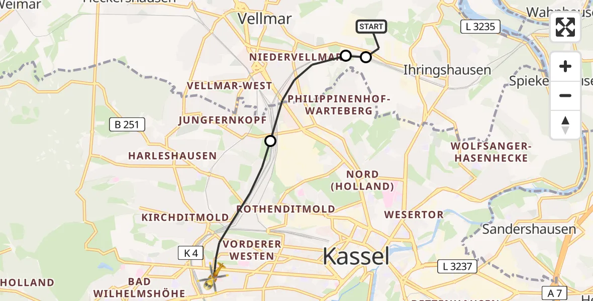 Flugroute Rettungshubschrauber Fuldatal Bundespolizei Hubschrauberlandeplatz - Kassel, 14 Mai 2026, 05:00