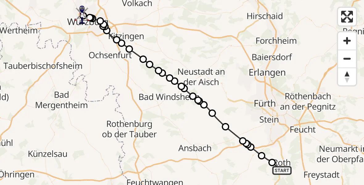 Flugroute Polizeihubschrauber Roth - Würzburg-Schenkenturm Flugplatz, 14 Mai 2026, 05:38