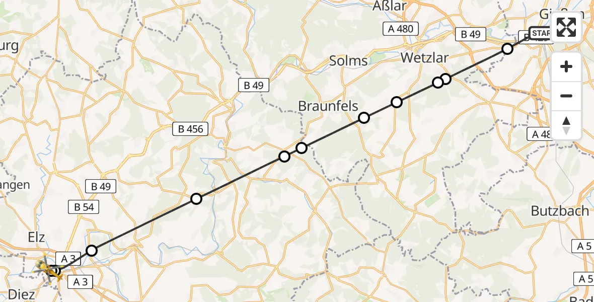 Flugroute Rettungshubschrauber Gießen - Saint Vincent Hospital Limburg, 14 Mai 2026, 06:05
