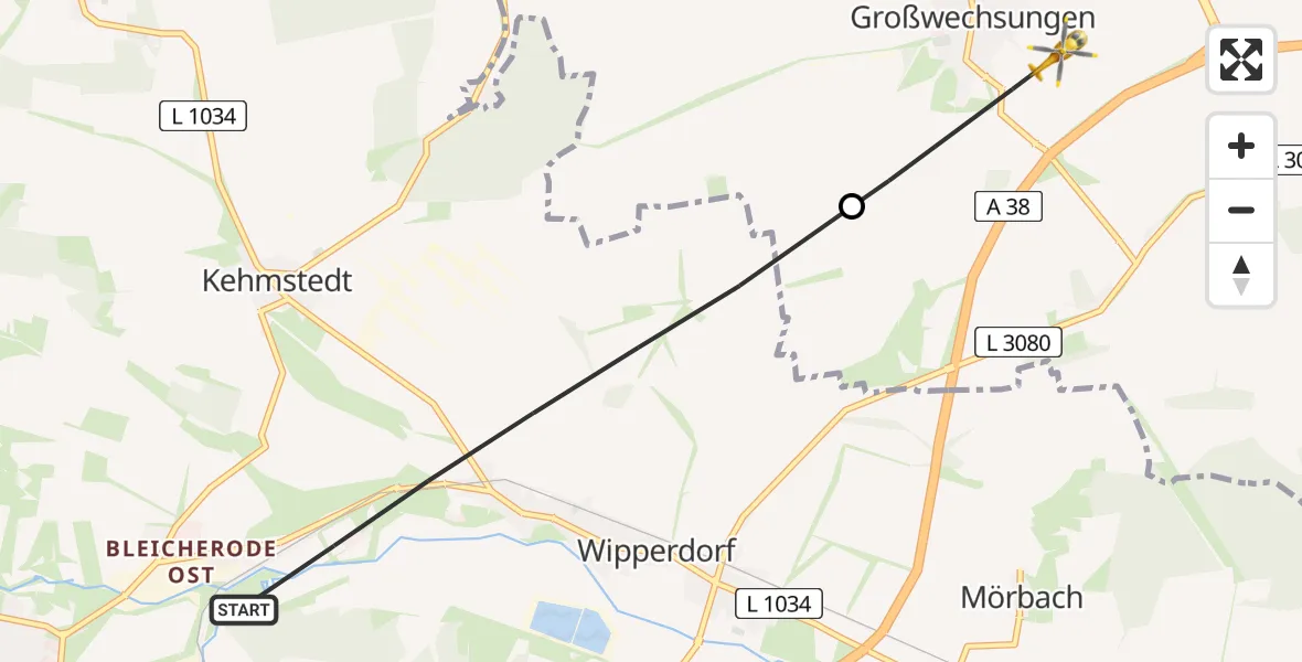 Flugroute Rettungshubschrauber Bleicherode - Werther, 14 Mai 2026, 06:10