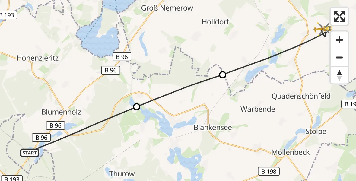 Flugroute Rettungshubschrauber Blumenholz - Burg Stargard, 14 Mai 2026, 06:13