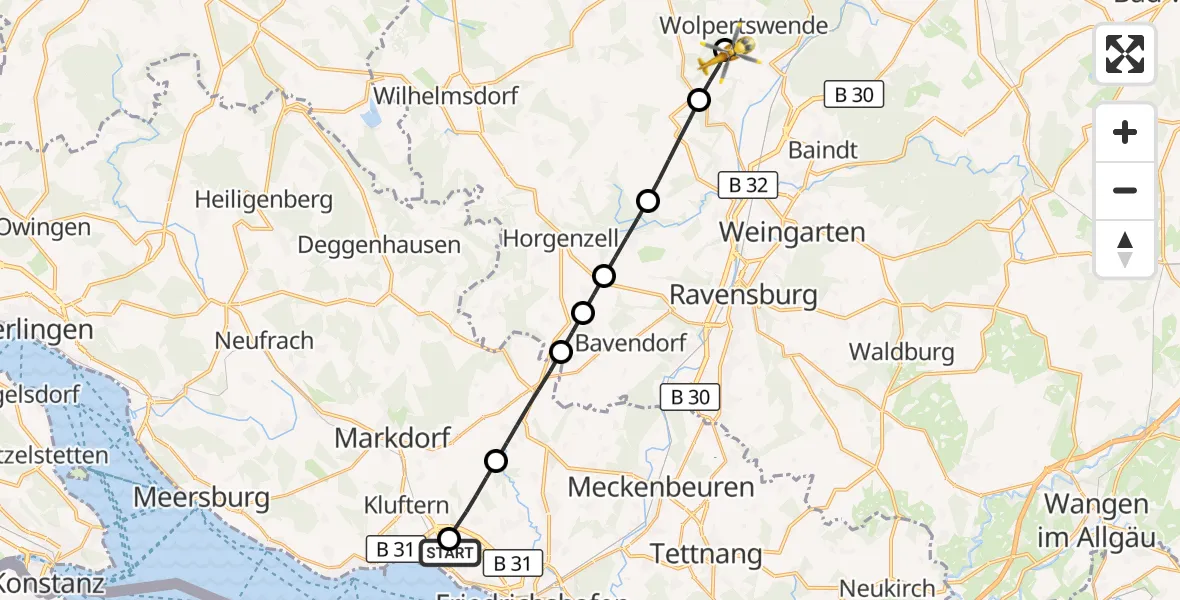 Flugroute Rettungshubschrauber Friedrichshafen Hospital - Wolpertswende, 14 Mai 2026, 06:17